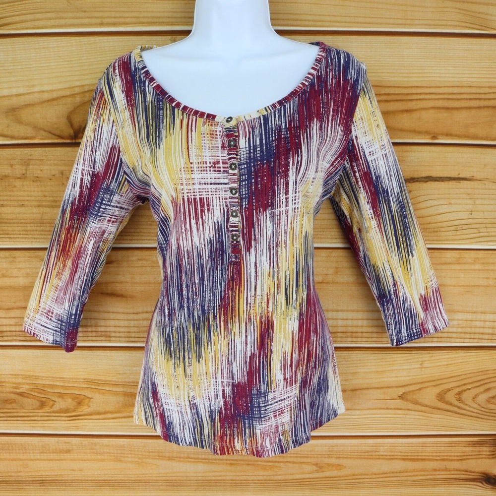 Relativity 3/4 Sleeve‎ Shirt Womens Size L Multicolor Striped Buttons Scoop Neck